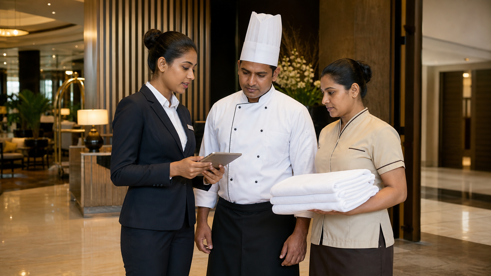 Representative Sri Lankan hospitality workforce in a hotel setting